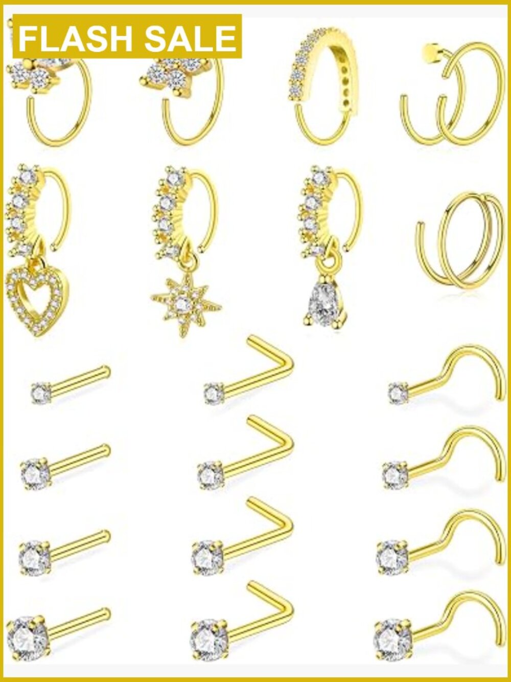 21 Pcs Nose Rings Set 20G Surgical Steel Studs Hoops Body Piercing Jewelry
